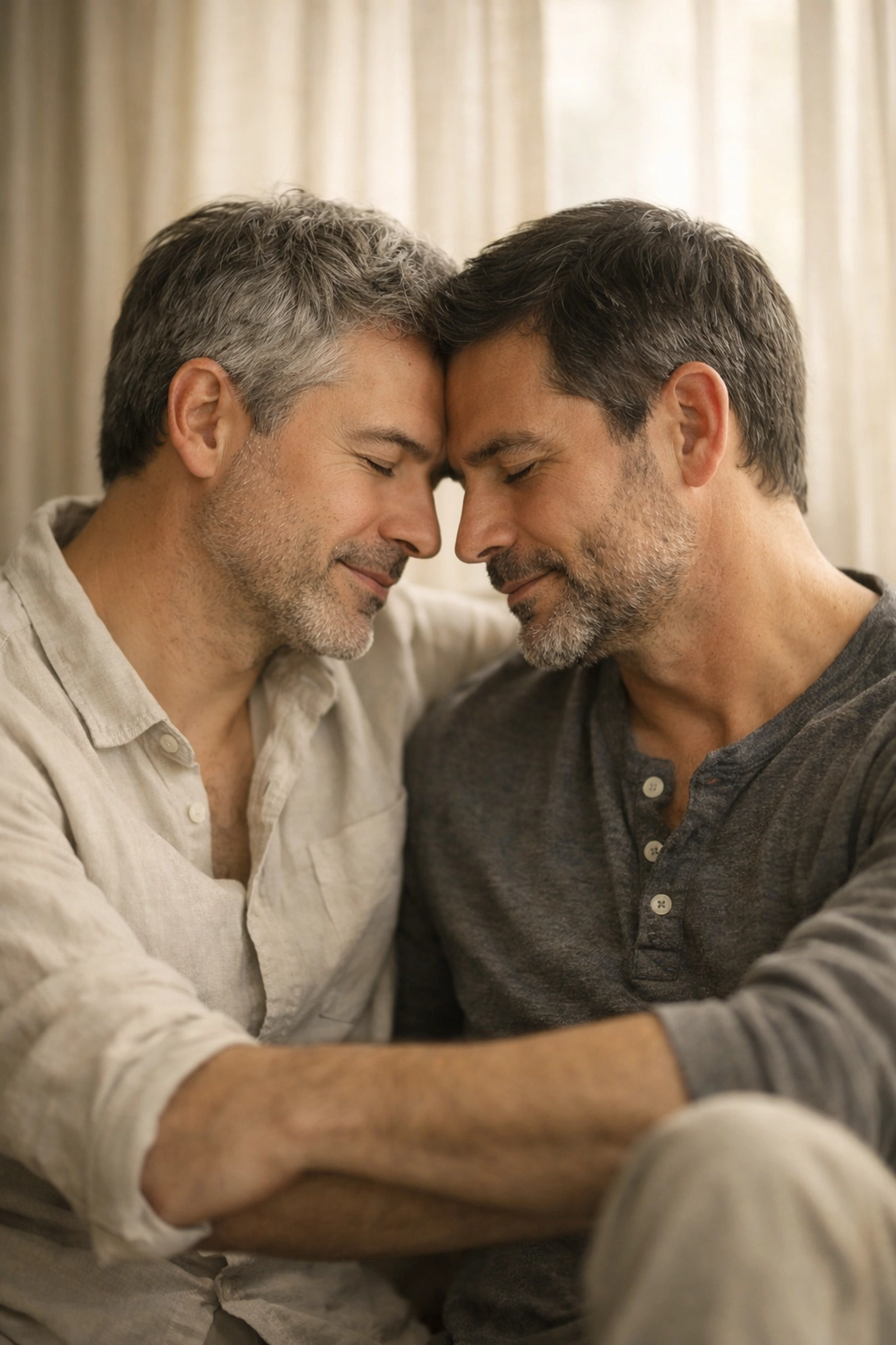 Two men in their 40s sharing intimate embrace - mid-life coming out MM romance