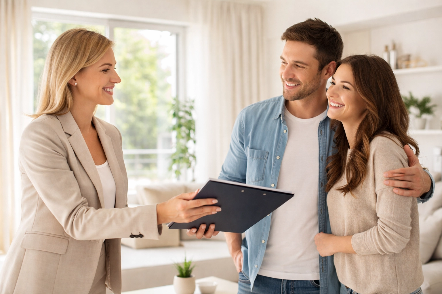 A South Jersey realtor presenting List with a Twist options to a happy couple in a sunlit living room.