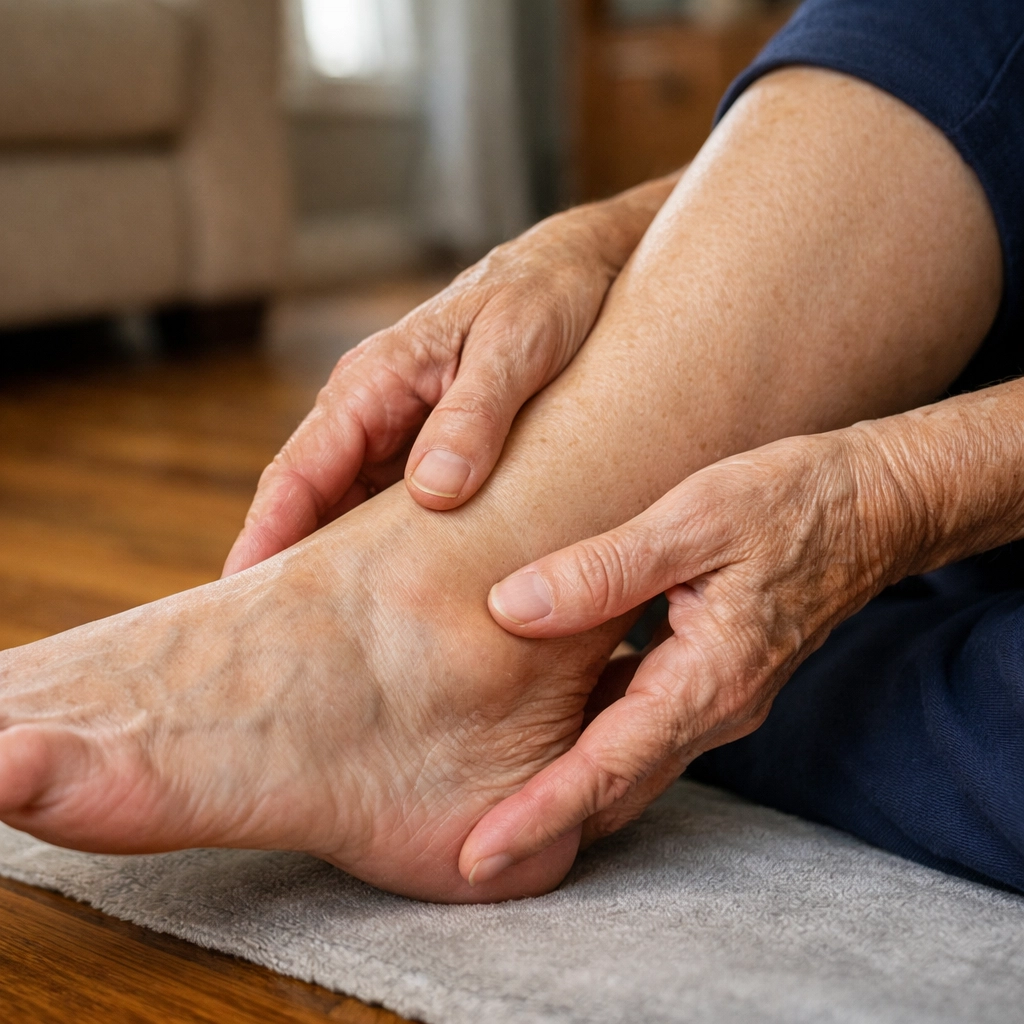 Elderly person checking ankle for injury after a fall at home