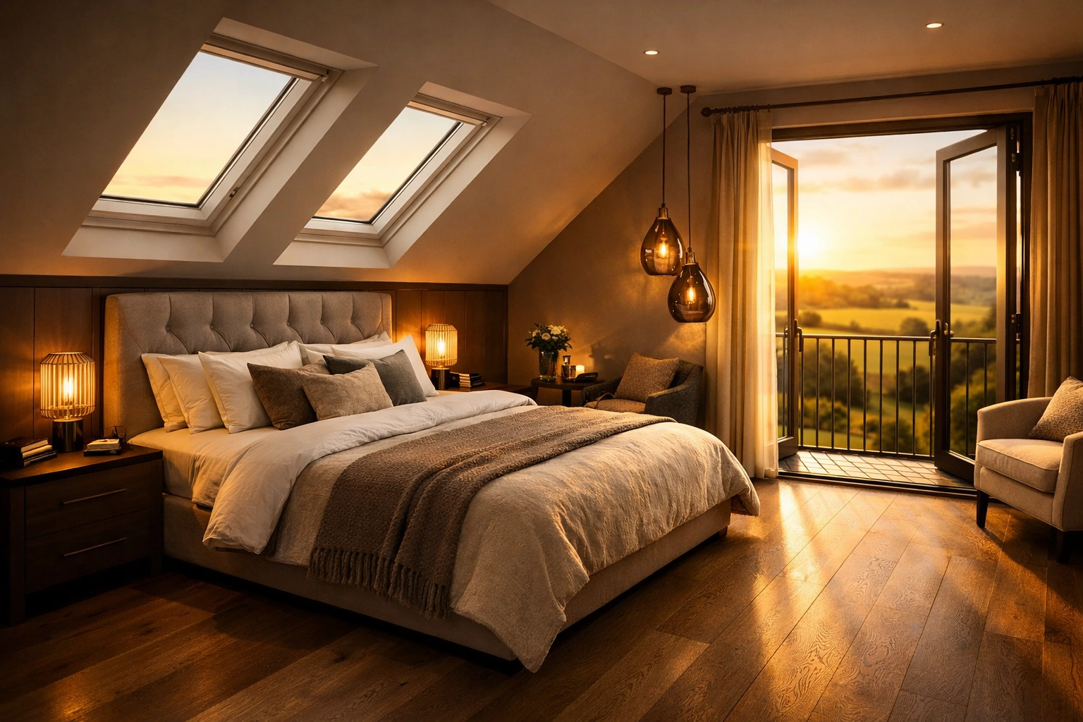 Luxury loft conversion in a West Sussex home featuring a modern master suite with skylights and oak flooring.