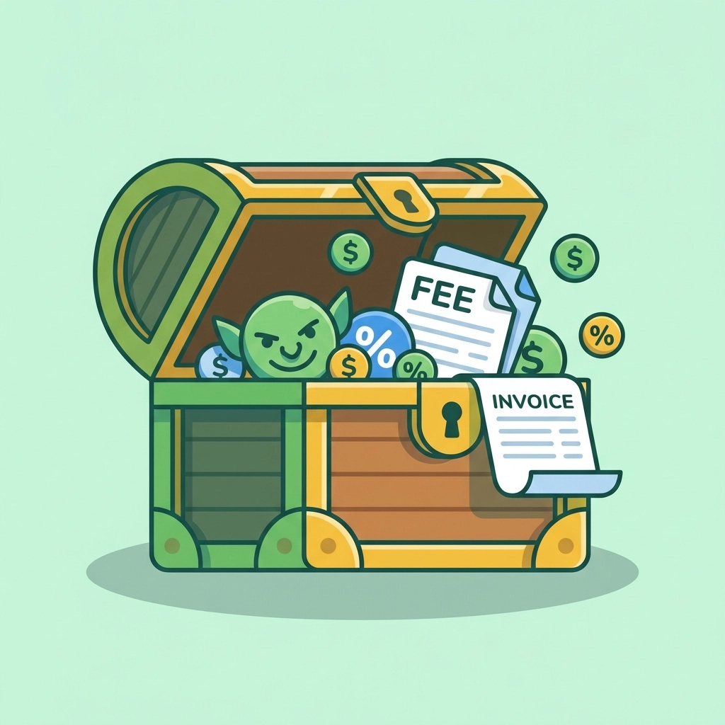 Open treasure chest overflowing with fee icons, representing surprise add-on costs in free MMS messaging programs