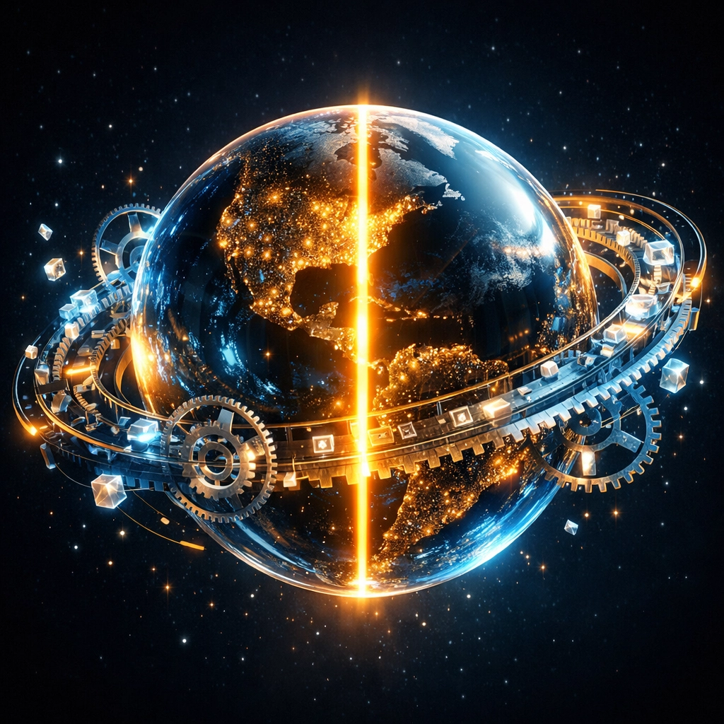 A glowing glass globe illustrating global business hubs and UTC offsets for international time management.