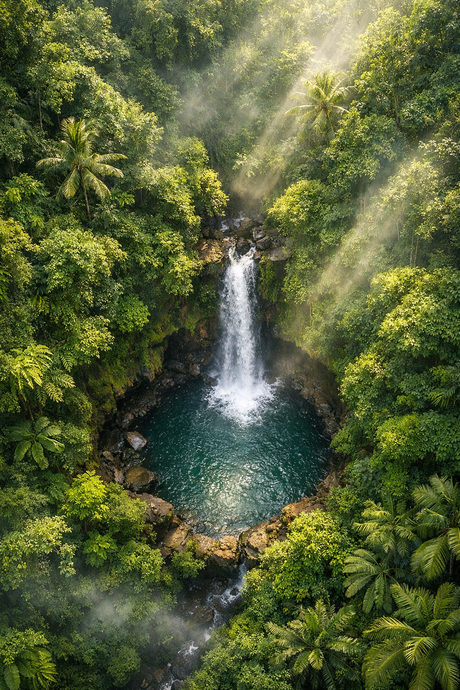 Aerial drone photography of a Bali waterfall, a hidden gem photo spot for travel photography tips.