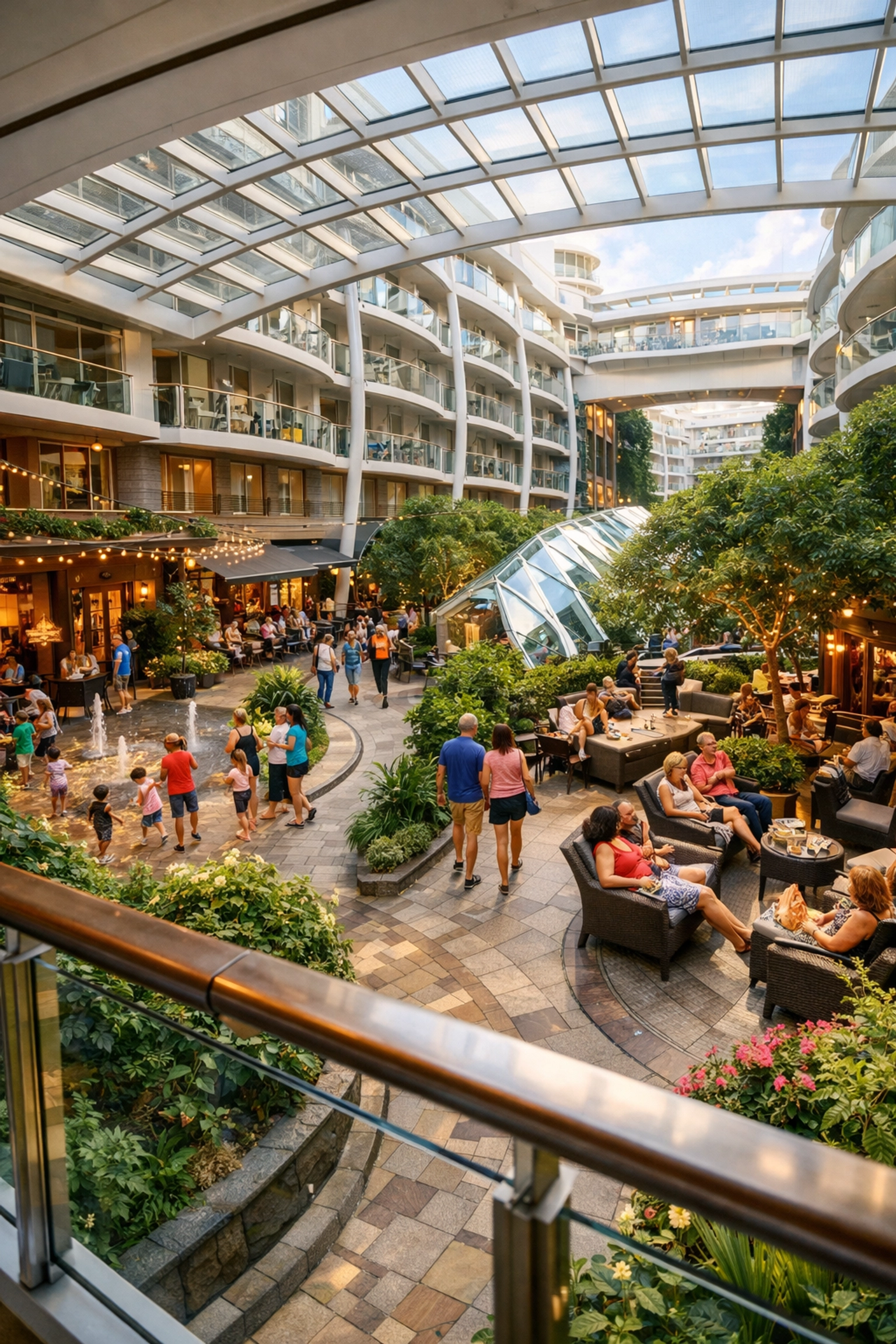 Royal Caribbean cruise ship Central Park promenade with families relaxing