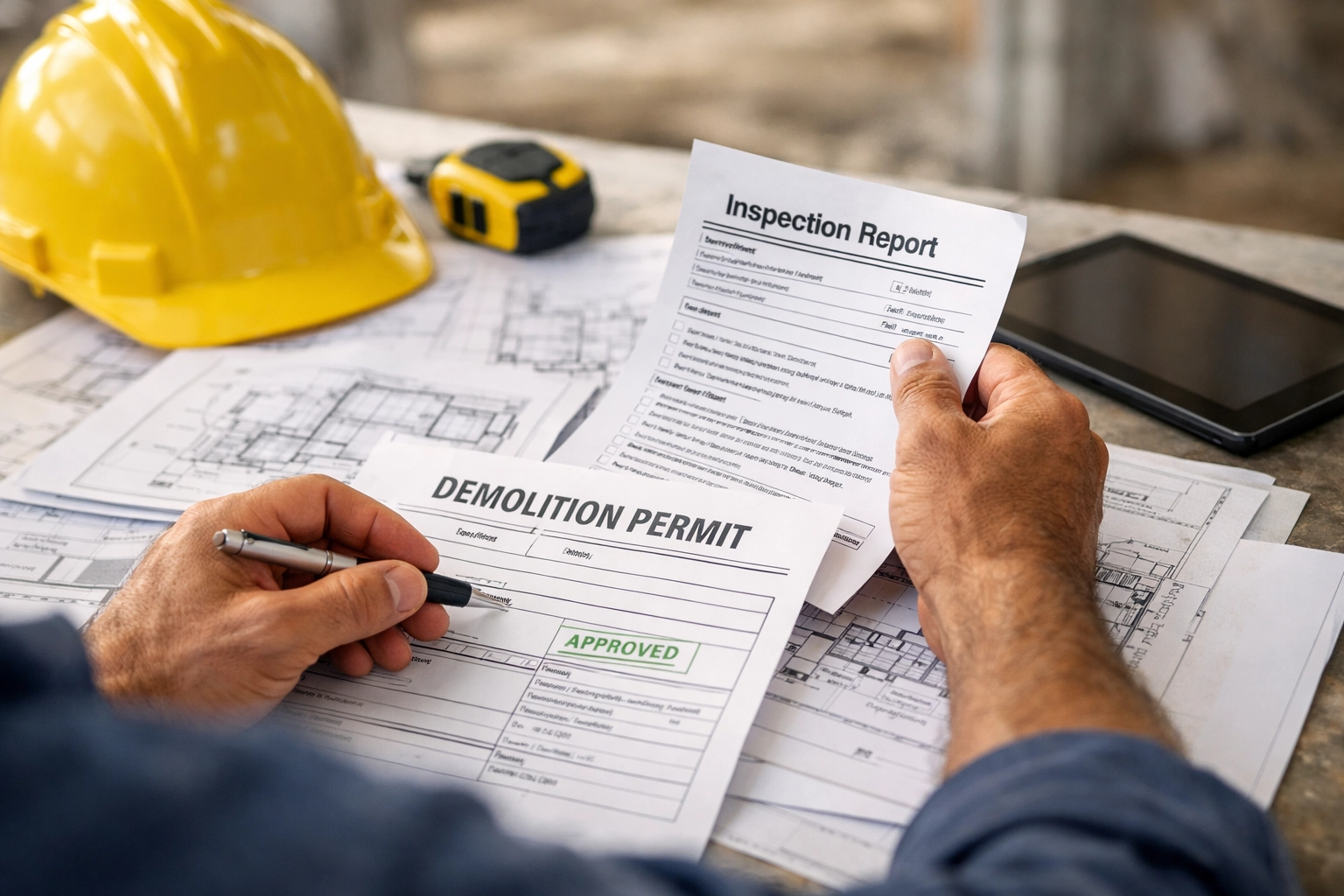 Licensed contractor reviewing demolition permits and inspection reports for NC project