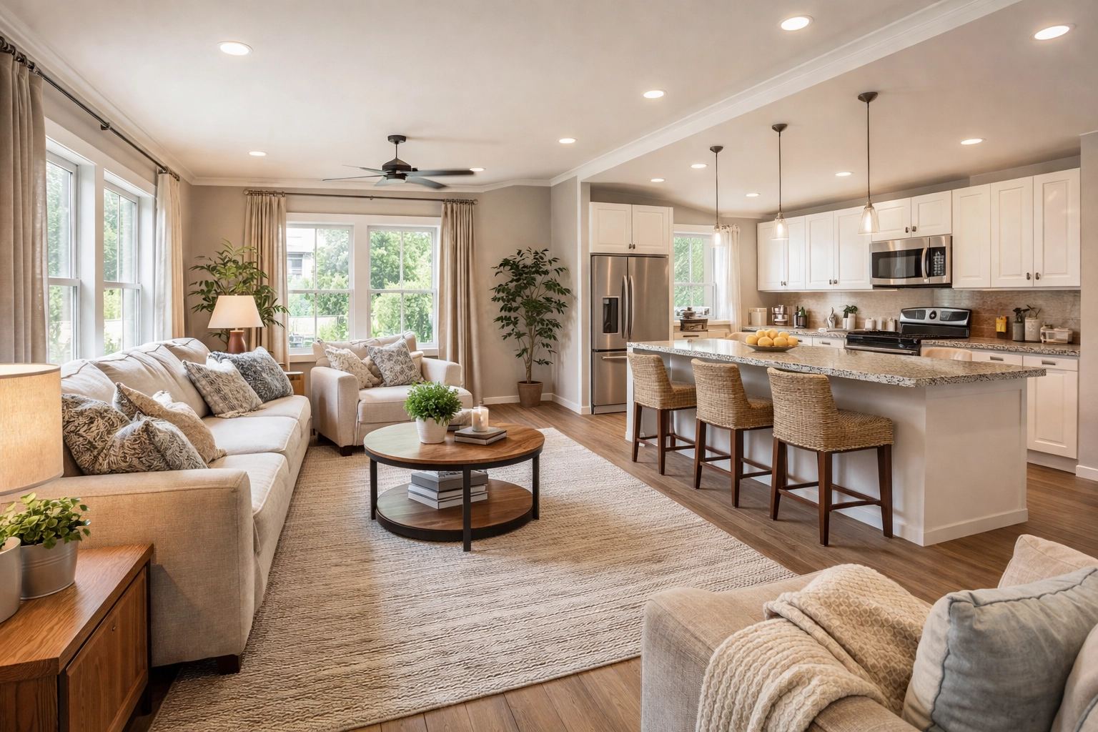 Spacious open-concept living room and kitchen inside a modern multi-section manufactured home