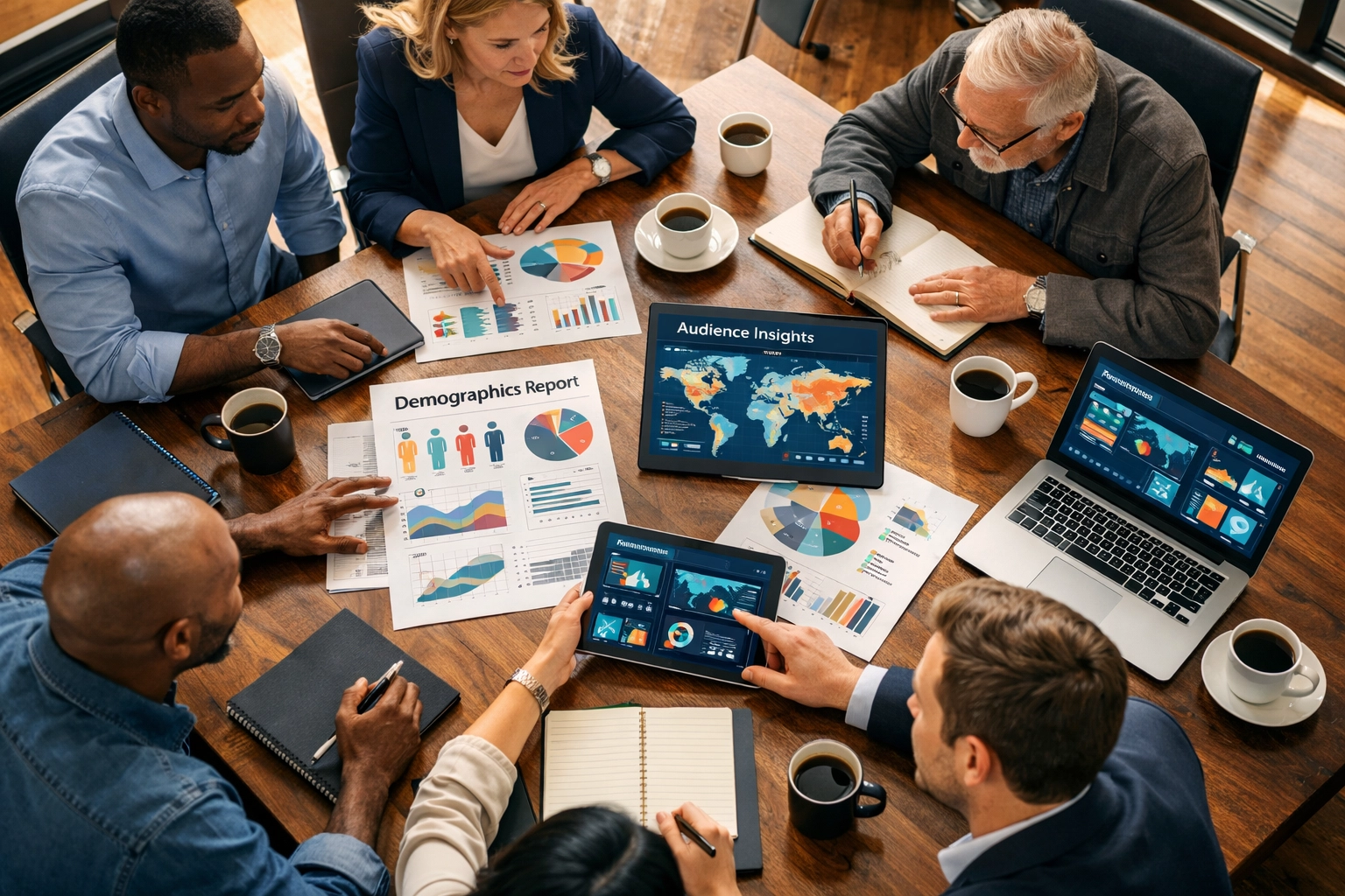 Business professionals analyzing brand partnership strategy with audience demographics and data insights