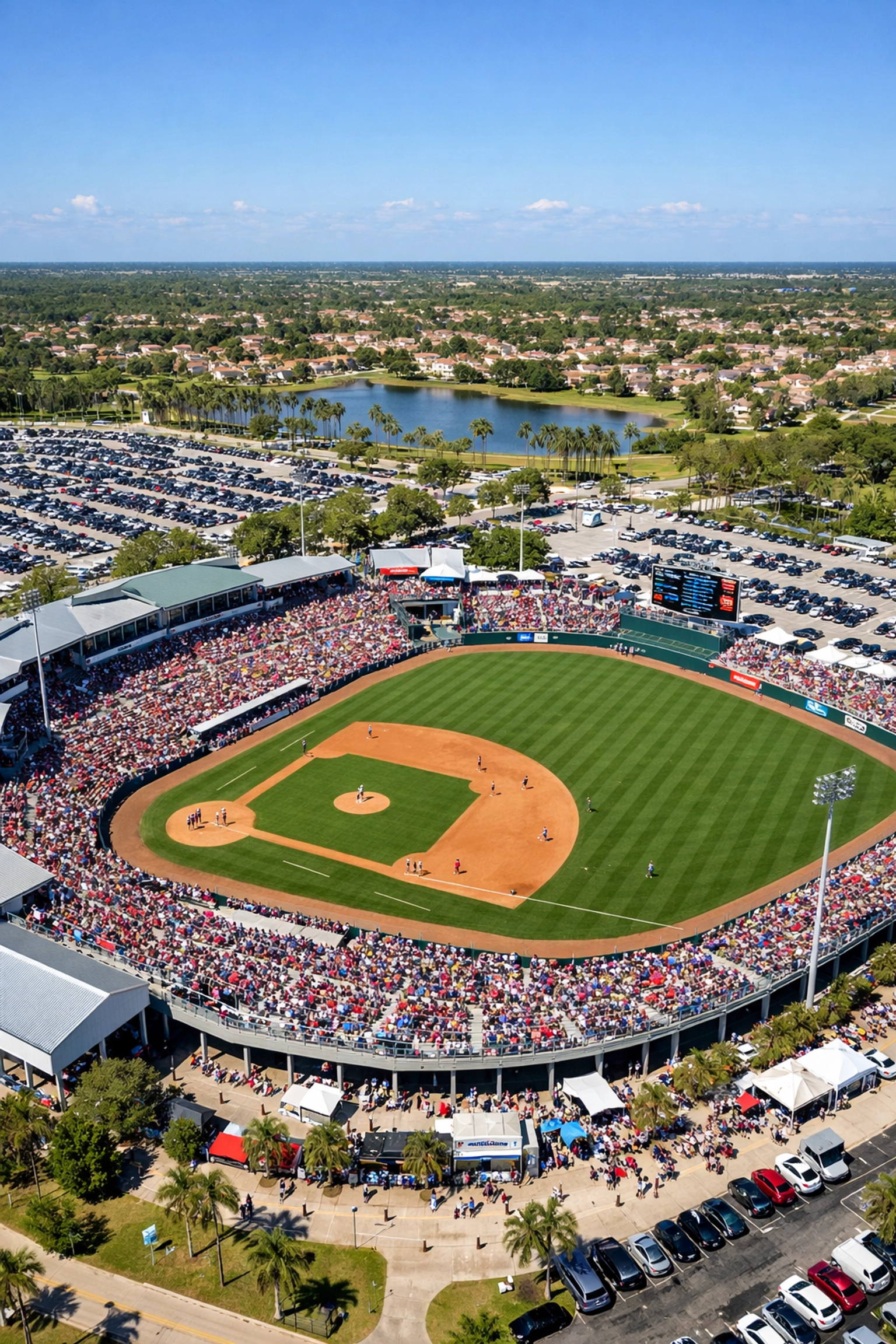 Hammond Stadium Fort Myers during spring training with residential neighborhoods visible in background