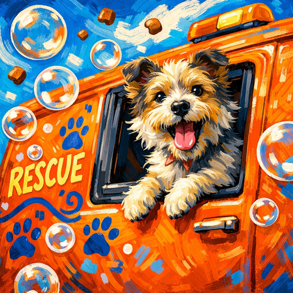 A happy terrier in a colorful rescue van showing the logistics and transport costs behind dog adoption.