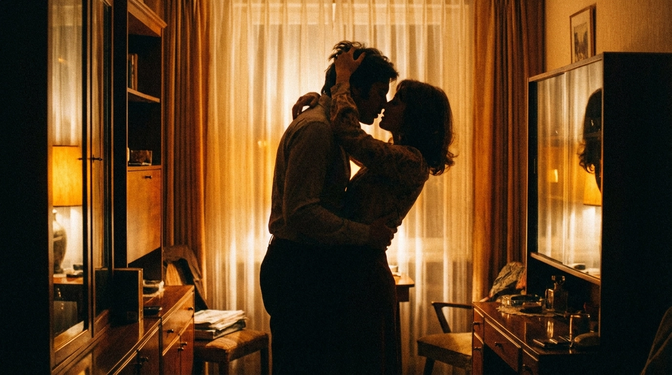 Intimate silhouette of couple behind sheer curtains, film-grain 70s mood, caught-in-the-moment