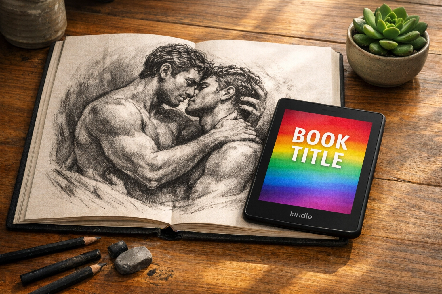 Sketch of a classical male embrace next to an ebook reader, bridging art and MM romance novels.