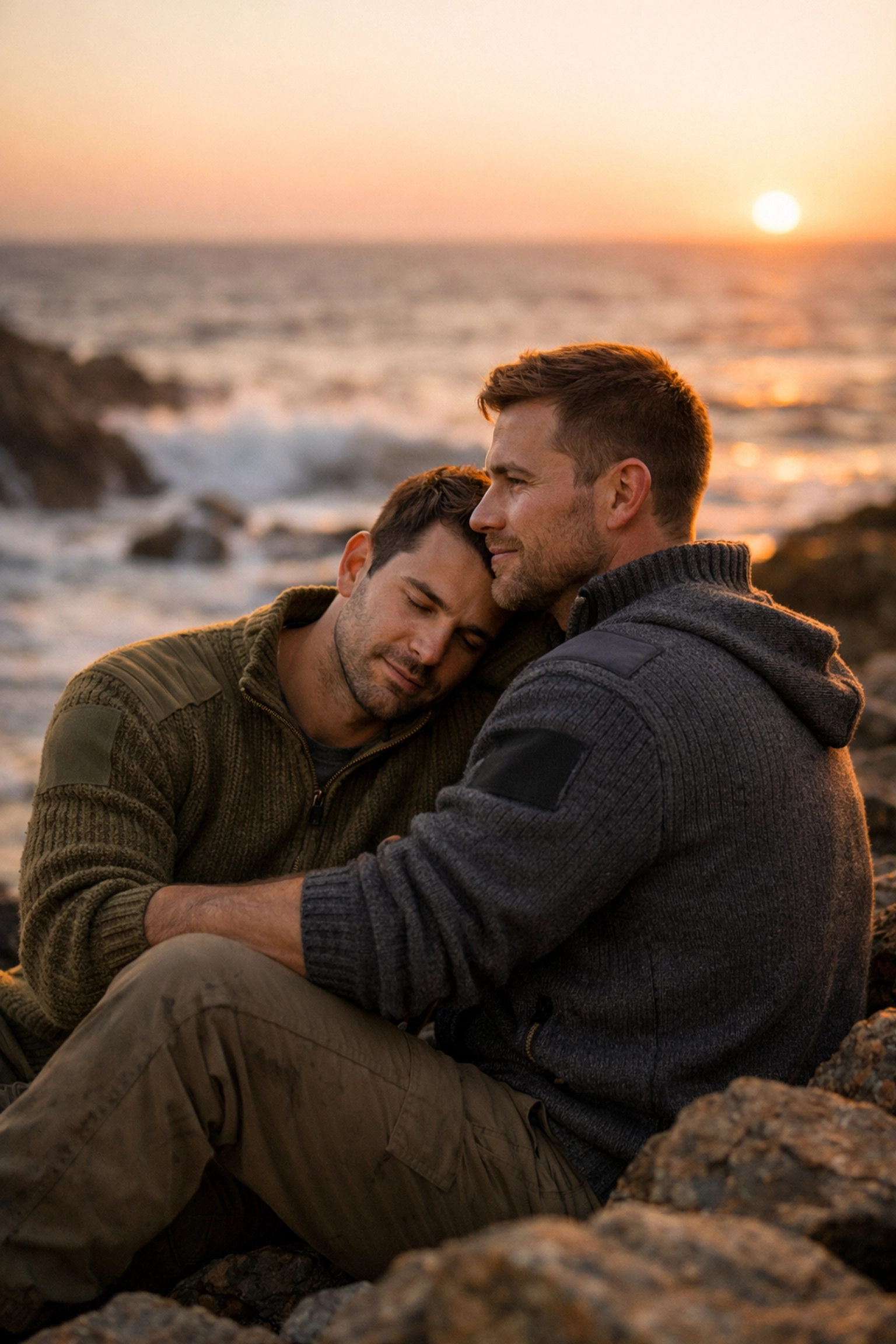 A gay couple watching the ocean at sunset, reflecting the emotional found family themes in popular MM romance.