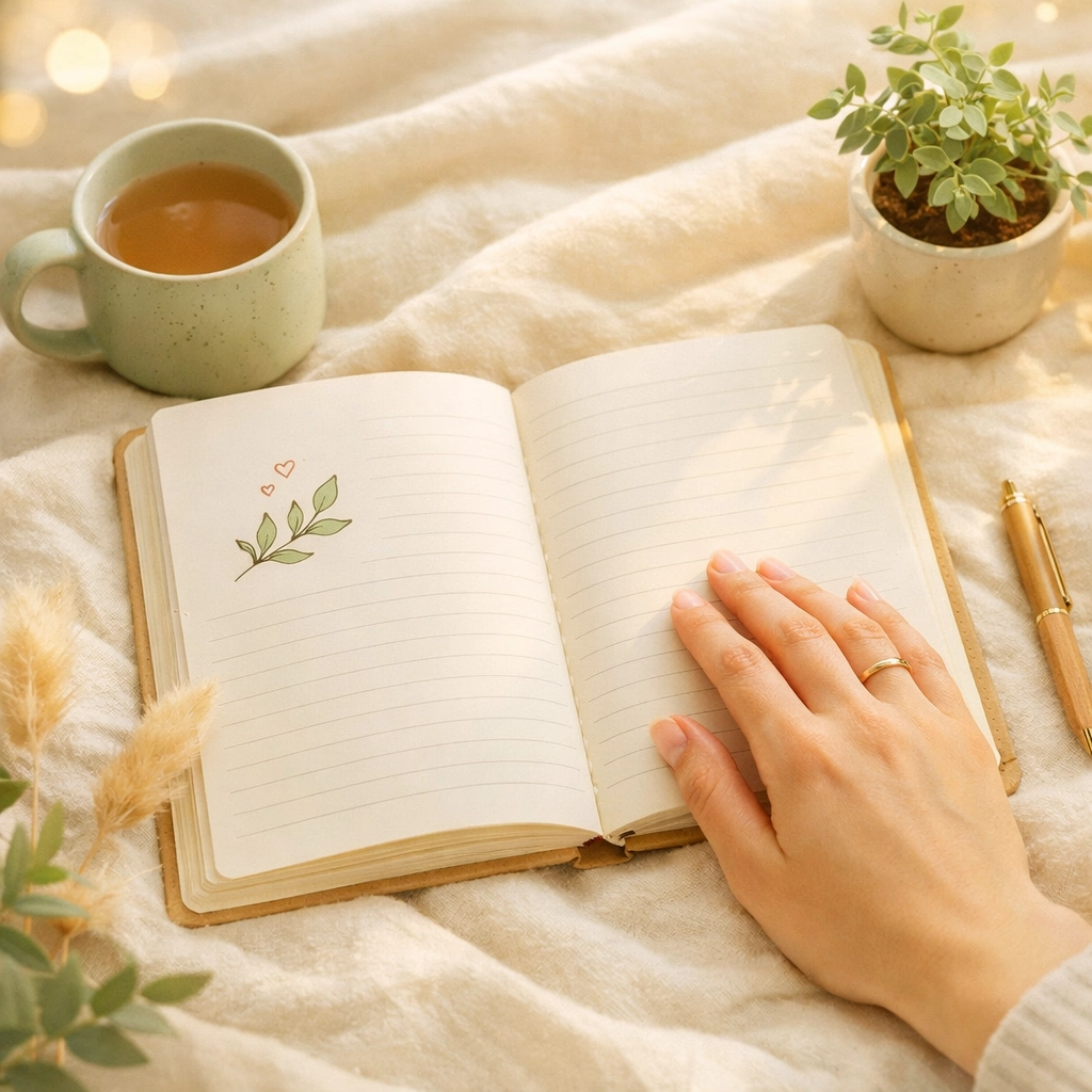 Hand resting on open journal symbolizing self-reflection and listening to your internal needs