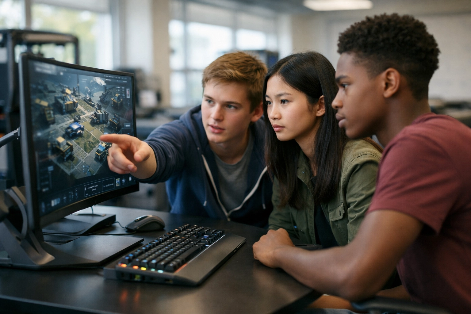 High school students collaborating on a tactical simulation in a modern cloud-based learning pod.