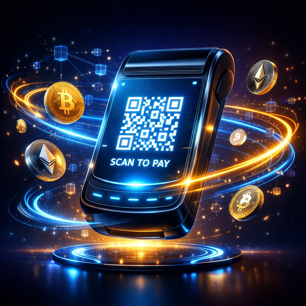 Holographic crypto payment terminal displaying QR code with cryptocurrency symbols and blockchain data