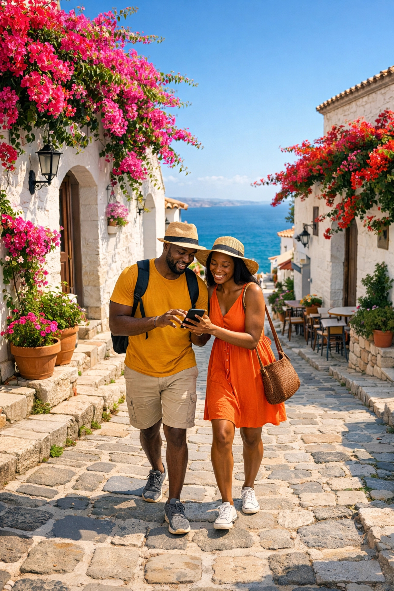 Couple using a digital custom travel itinerary to explore a beautiful European village with ease.