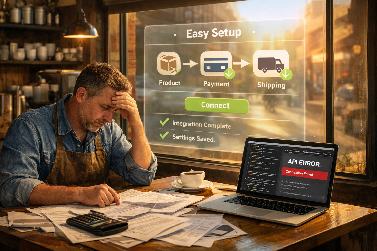 Small business owner comparing complex crypto integration versus simplified Larecoin setup