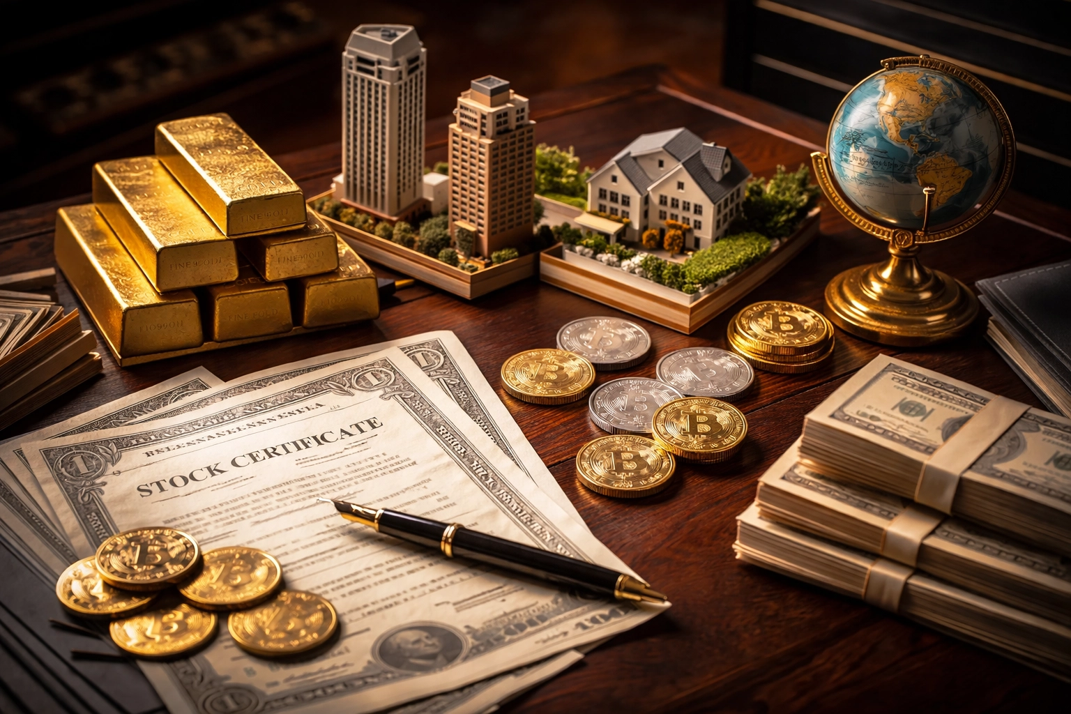 A curated investment portfolio with gold, real estate, stocks, and crypto, illustrating diversification for wealth preservation