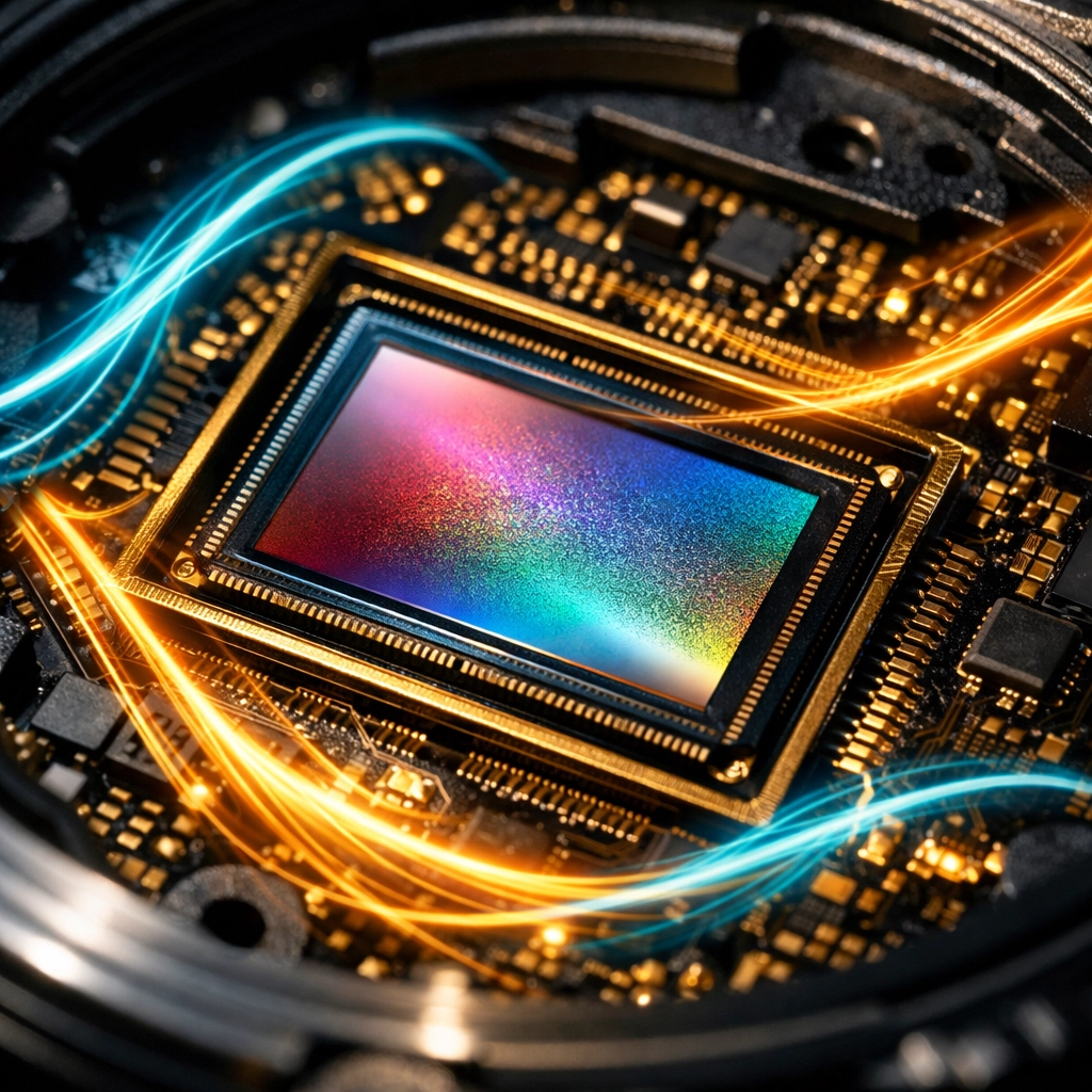 High-end mirrorless camera sensor with AI processing overlays for advanced photography tutorials.