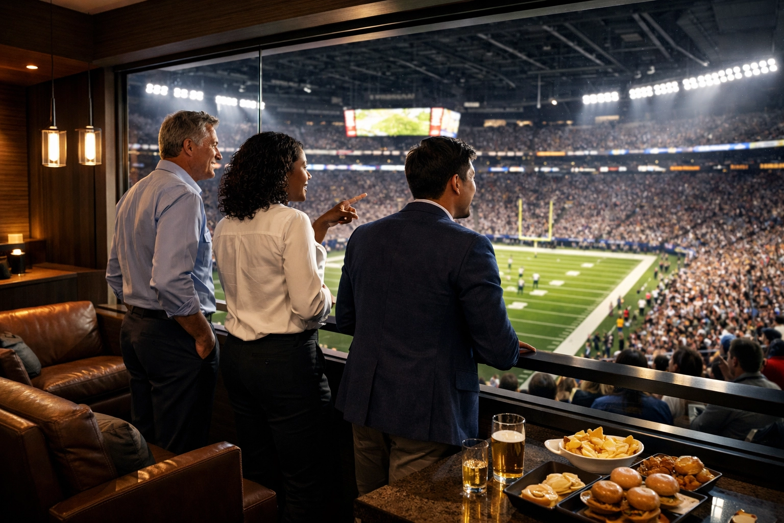 Colleagues in a luxury stadium suite enjoying an exclusive Super Bowl fan experience and hospitality.