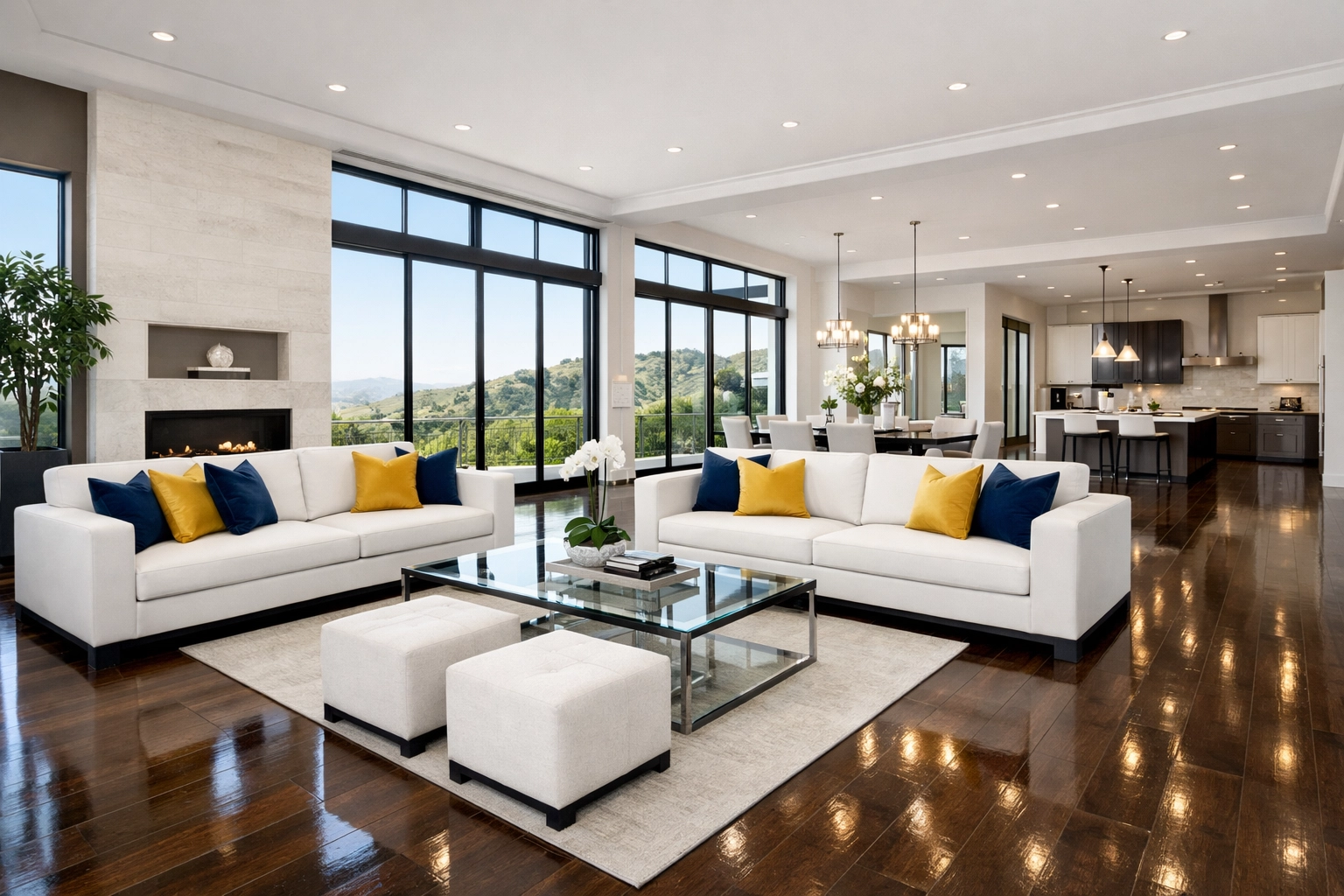 Gleaming dark walnut hardwood floors in a modern Concord estate, professionally cleaned and polished.