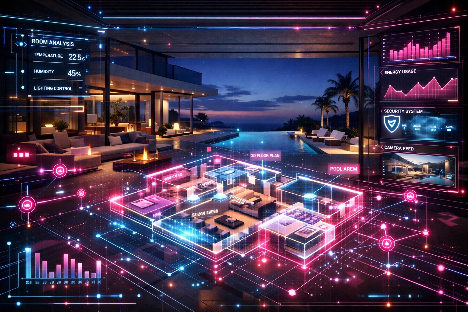 Interactive digital interface showing luxury villa property details and floor plans