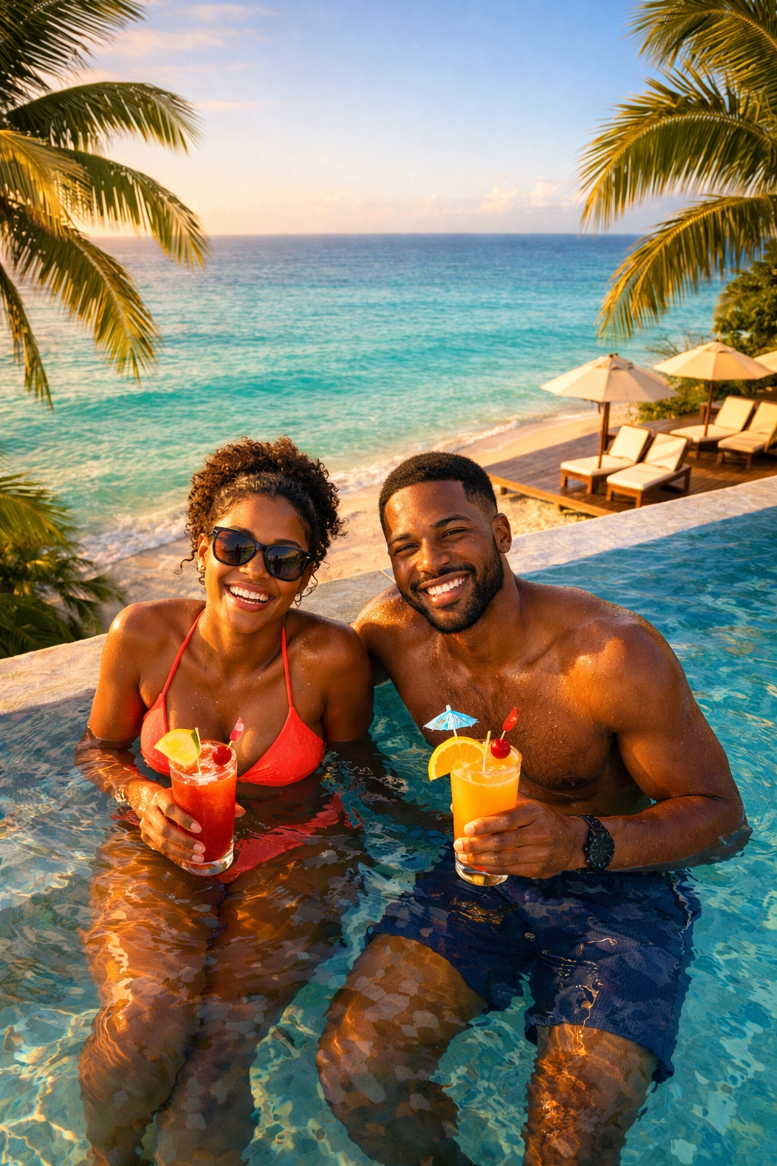 Couple enjoying tropical cocktails at all-inclusive resort infinity pool overlooking Caribbean ocean
