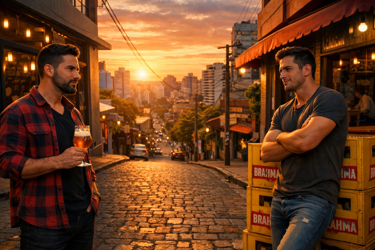 Rival gay bar owners facing off on a Belo Horizonte street, capturing an MM romance trope.