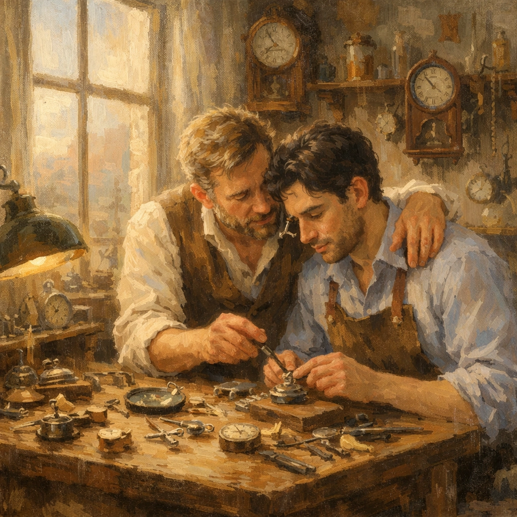 Gay historical romance scene in 19th-century Swiss watchmaker's workshop with two men