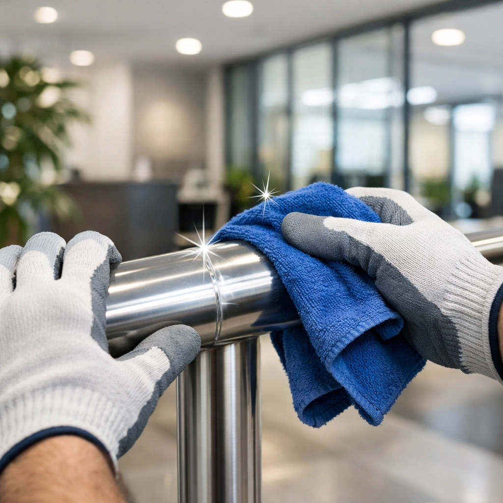 Professional cleaning specialist polishing fixtures in a modern Indianapolis office lobby.