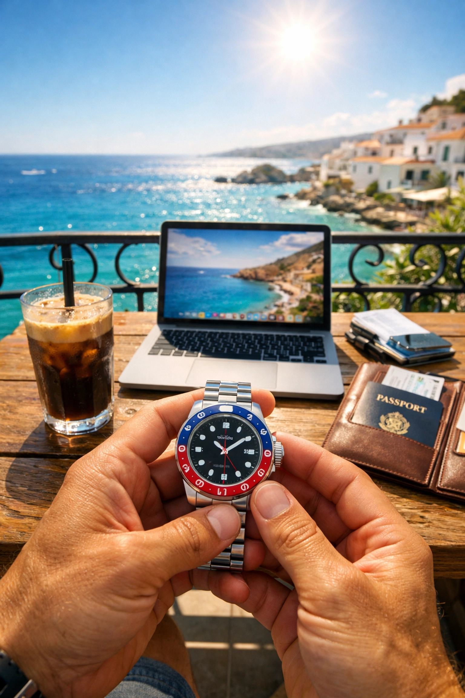 Digital nomad using a GMT watch and laptop to manage global team scheduling from an overseas remote workspace.