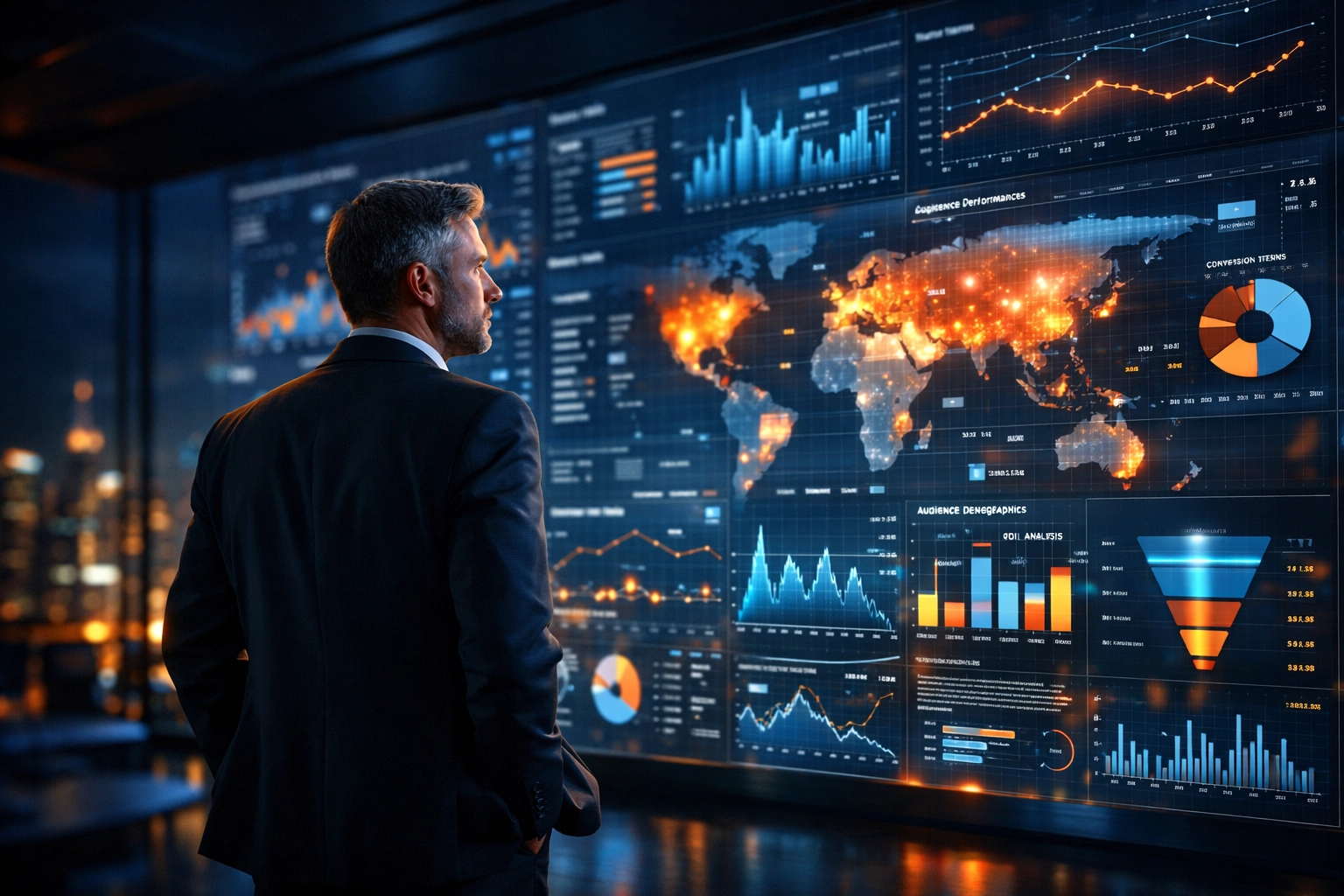 CMO analyzing marketing analytics and a Super Bowl ROI report on a digital display.