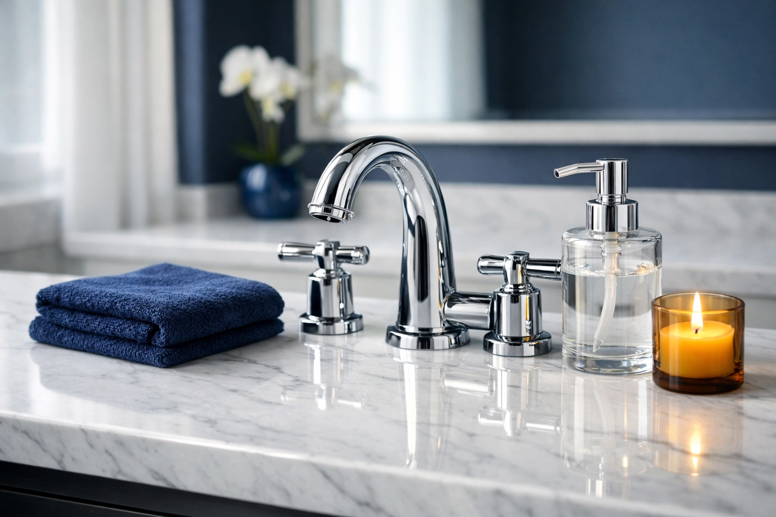 Pristine white marble vanity and chrome faucet sanitized by Acton professional cleaners.