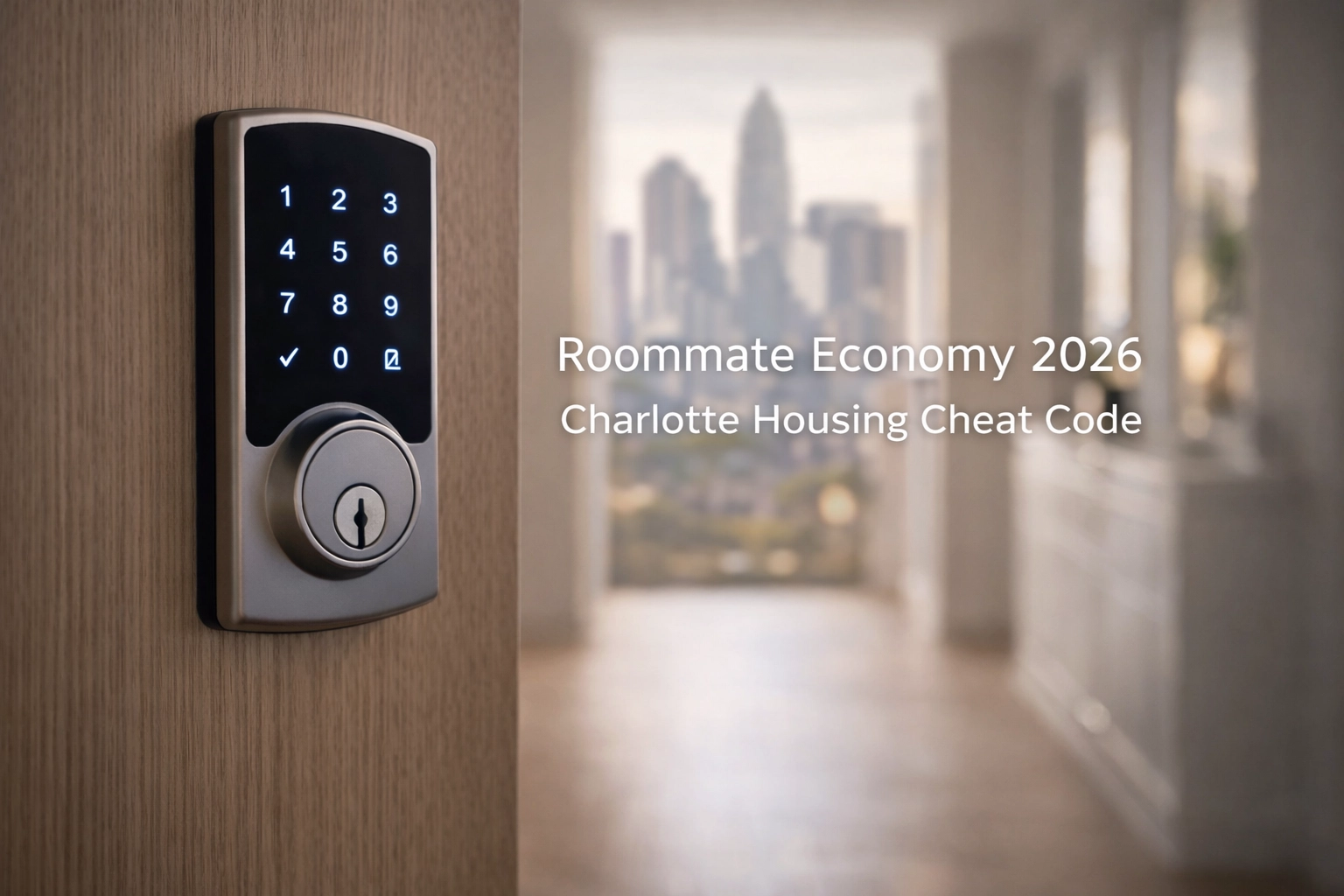 [HERO] Macro shot of a sleek digital smart lock on a modern wooden door, with a softly blurred high-end hallway in natural morning light and subtle text overlay reading “Roommate Economy 2026” and “Charlotte Housing Cheat Code”