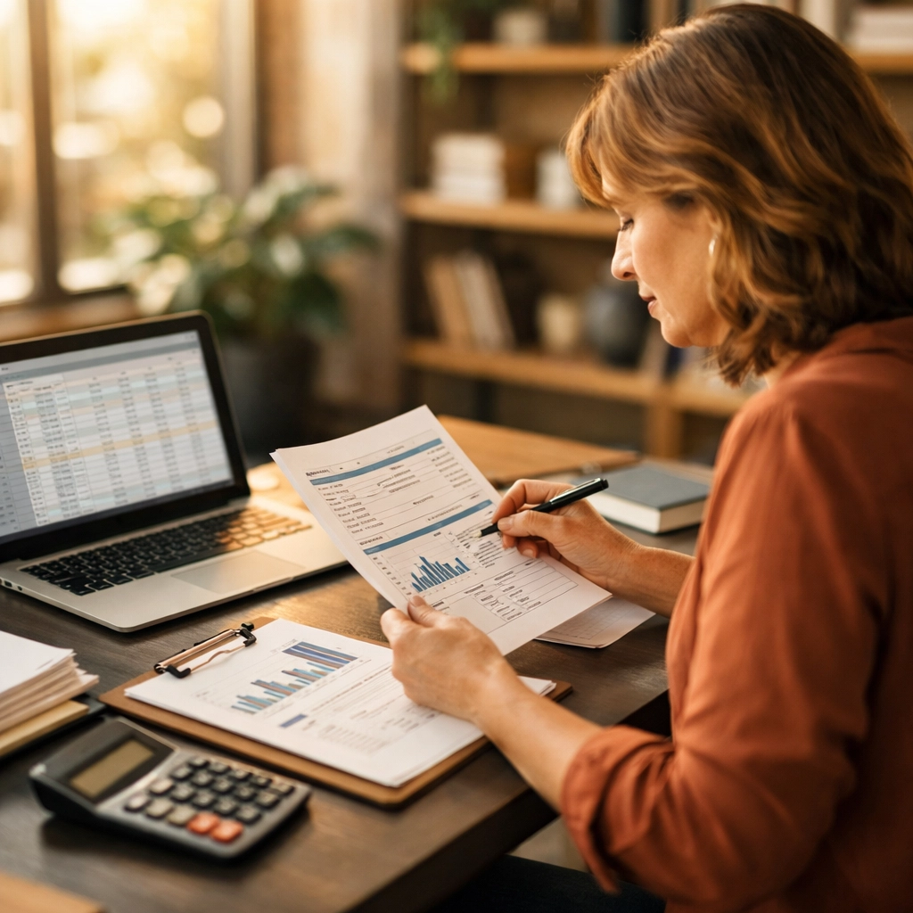 Small business owner reviewing tax documents and QBI deduction calculations at office desk