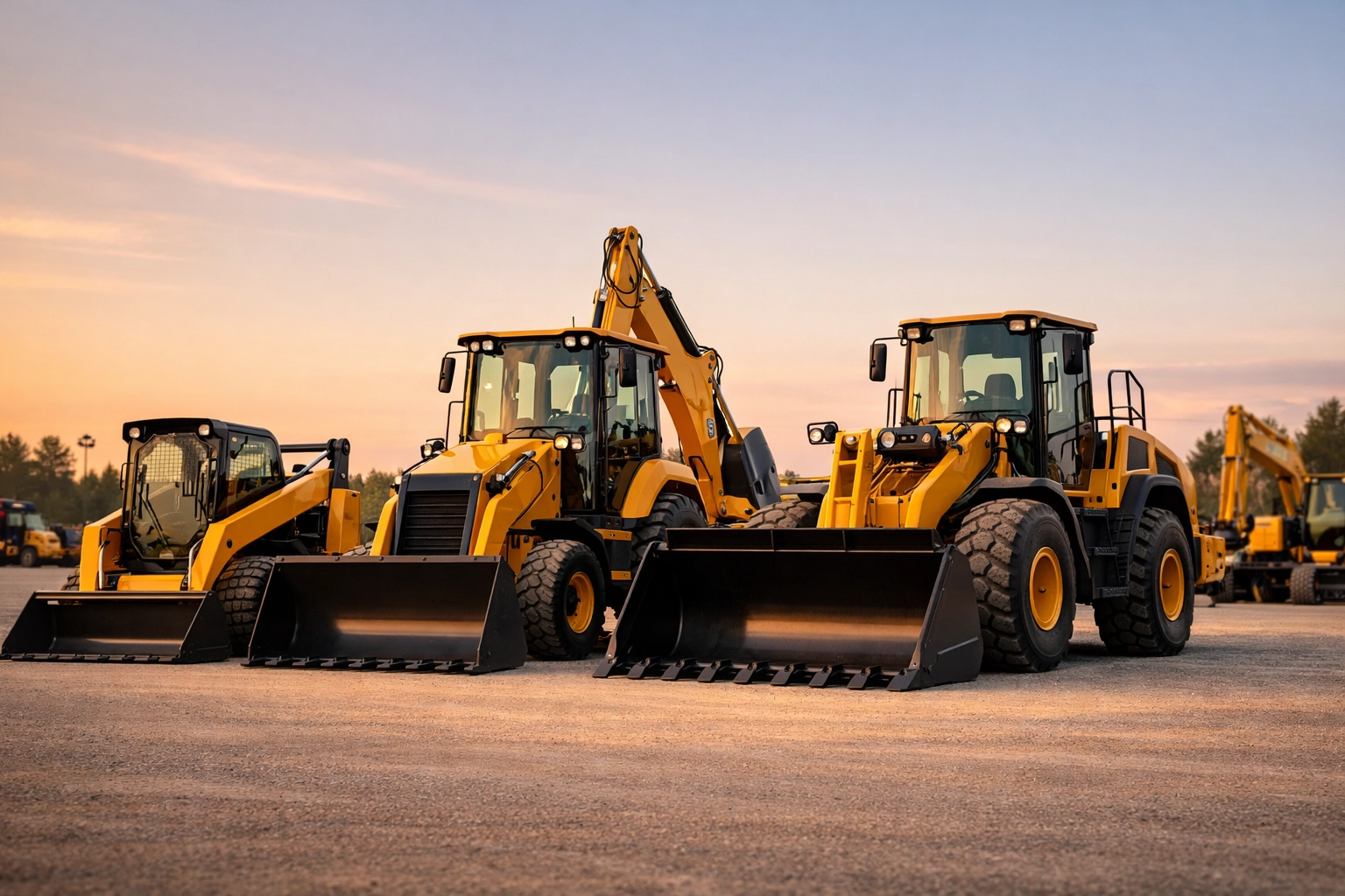 A fleet of heavy machinery, including a backhoe and loader, available through construction equipment leasing.