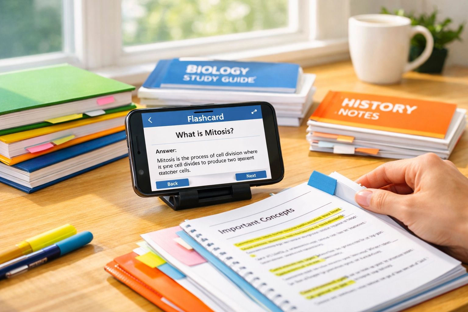 Mobile flashcards and CLEP study materials organized on desk for test prep (1x1, center safe zone)