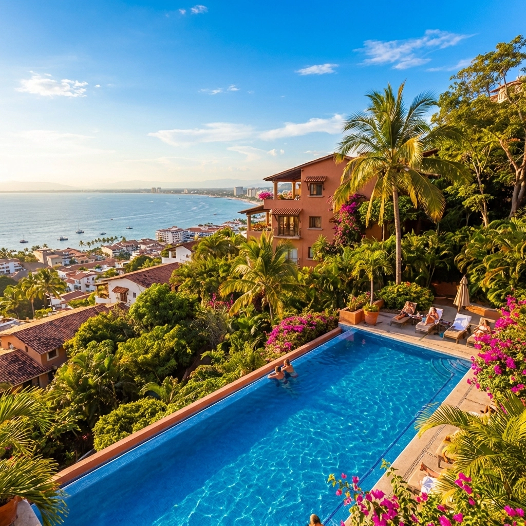 Aerial view from an Amapas condo pool overlooking Banderas Bay and the Puerto Vallarta cityscape
