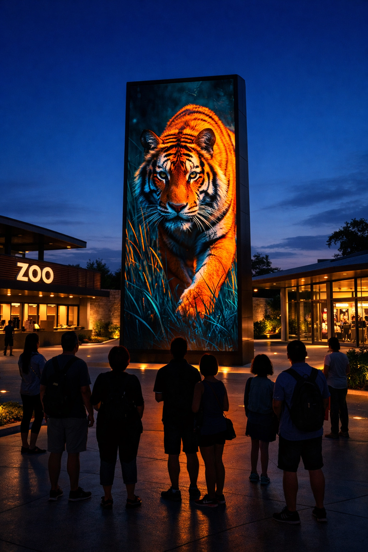 Modern zoo entrance featuring digital signage and innovative visual identity for effective visitor engagement.