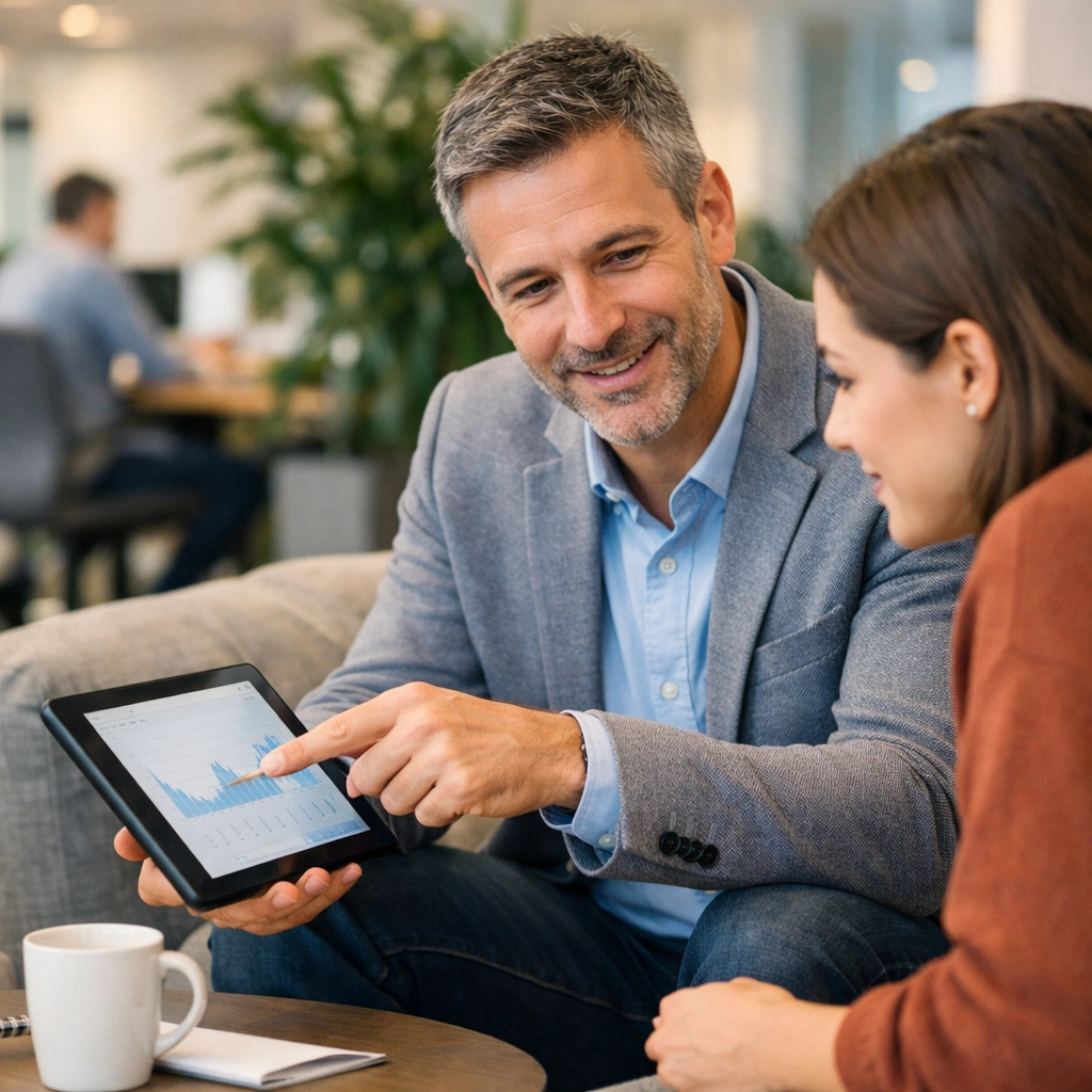 A ServiceNow consulting services expert mentoring an employee on new platform ROI and workflows.