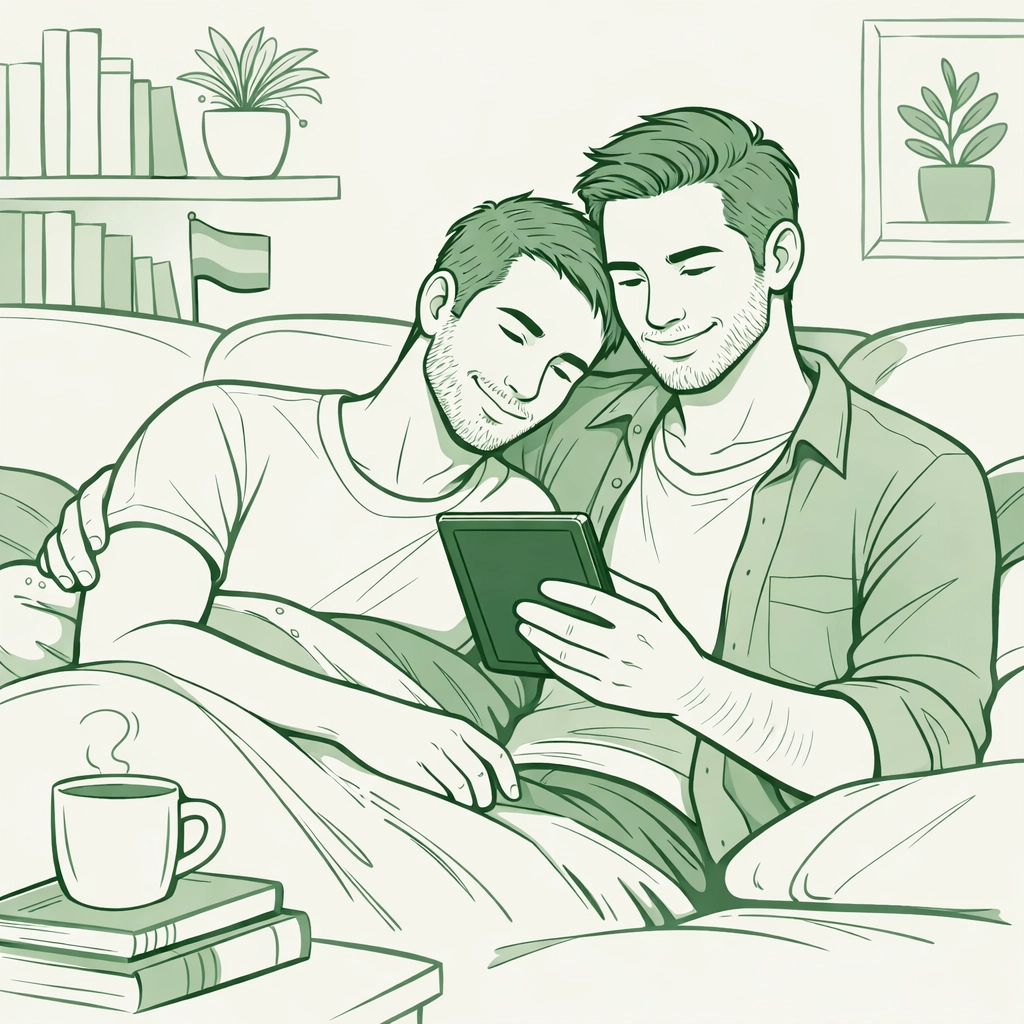 MM couple reading an LGBTQ+ eBook together on a sofa, highlighting gay romance and literature.