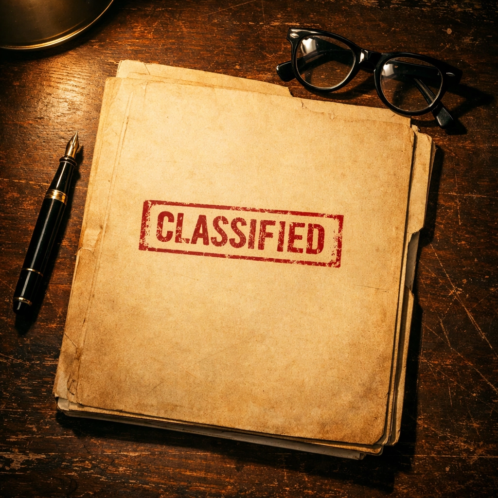 A classified document folder representing the mysterious history of rare 1964-D Peace Dollars.