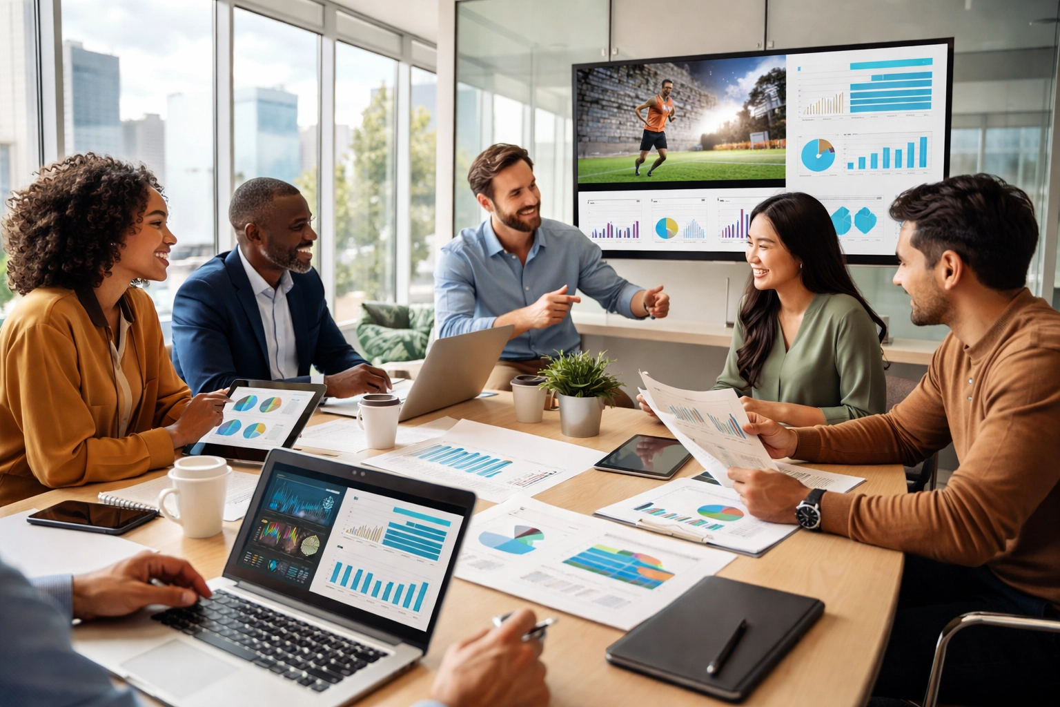 Marketing team analyzing sports advertising data in a bright conference room, highlighting collaborative campaign optimization.