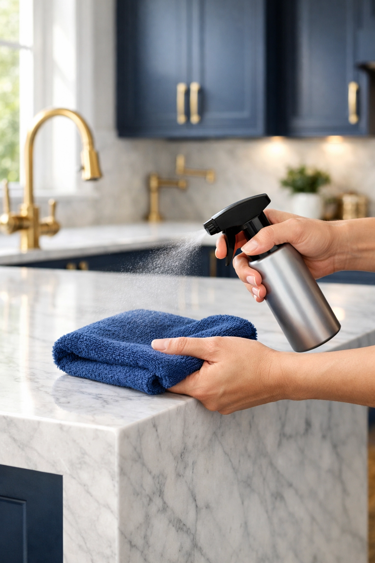Avoiding 7 Cleaning Mistakes Foxborough Homeowners make by spraying microfiber cloths in a luxury kitchen.