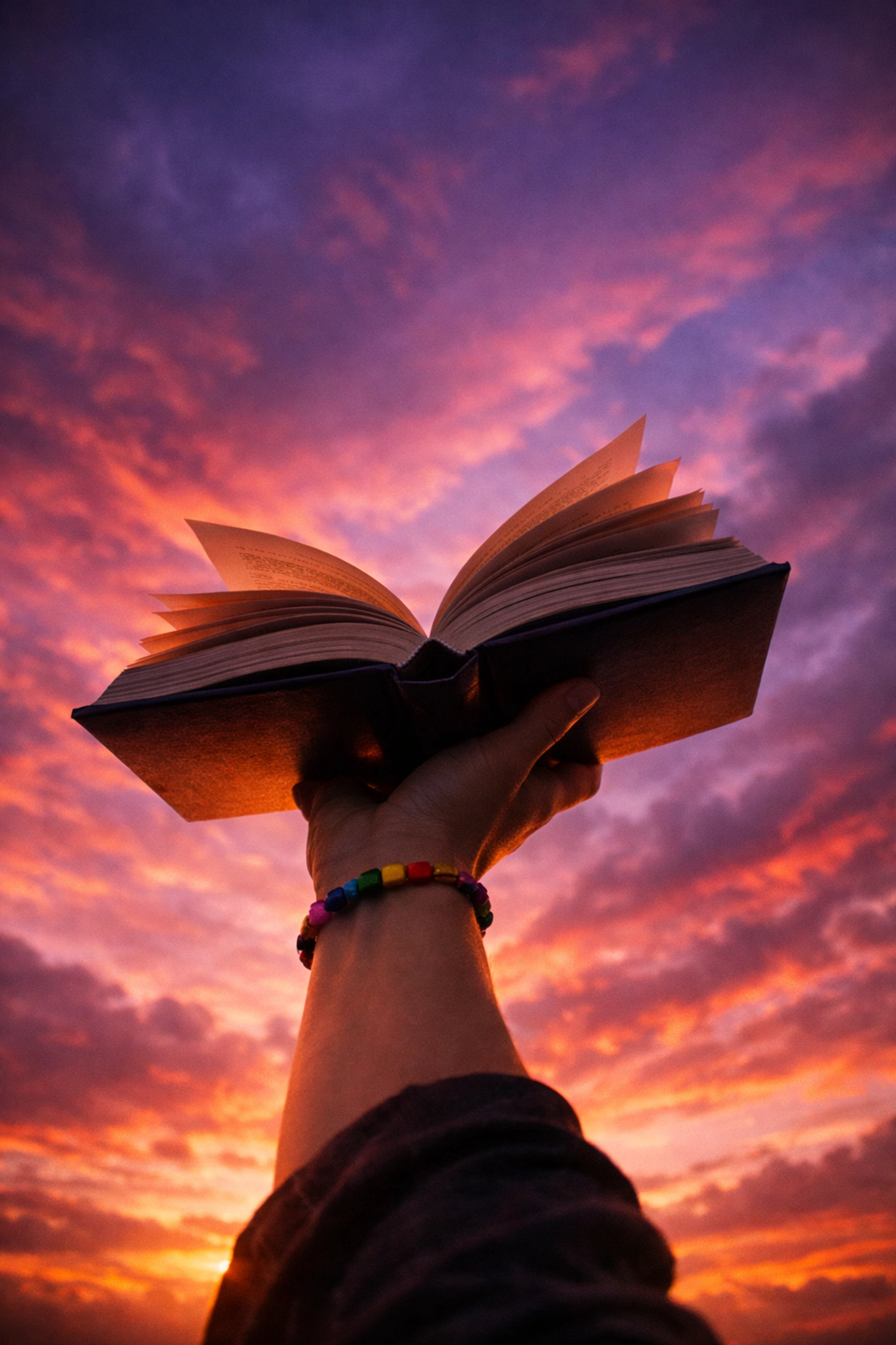 An open book held against a sunset sky, representing the freedom and power of queer storytelling in 2026.