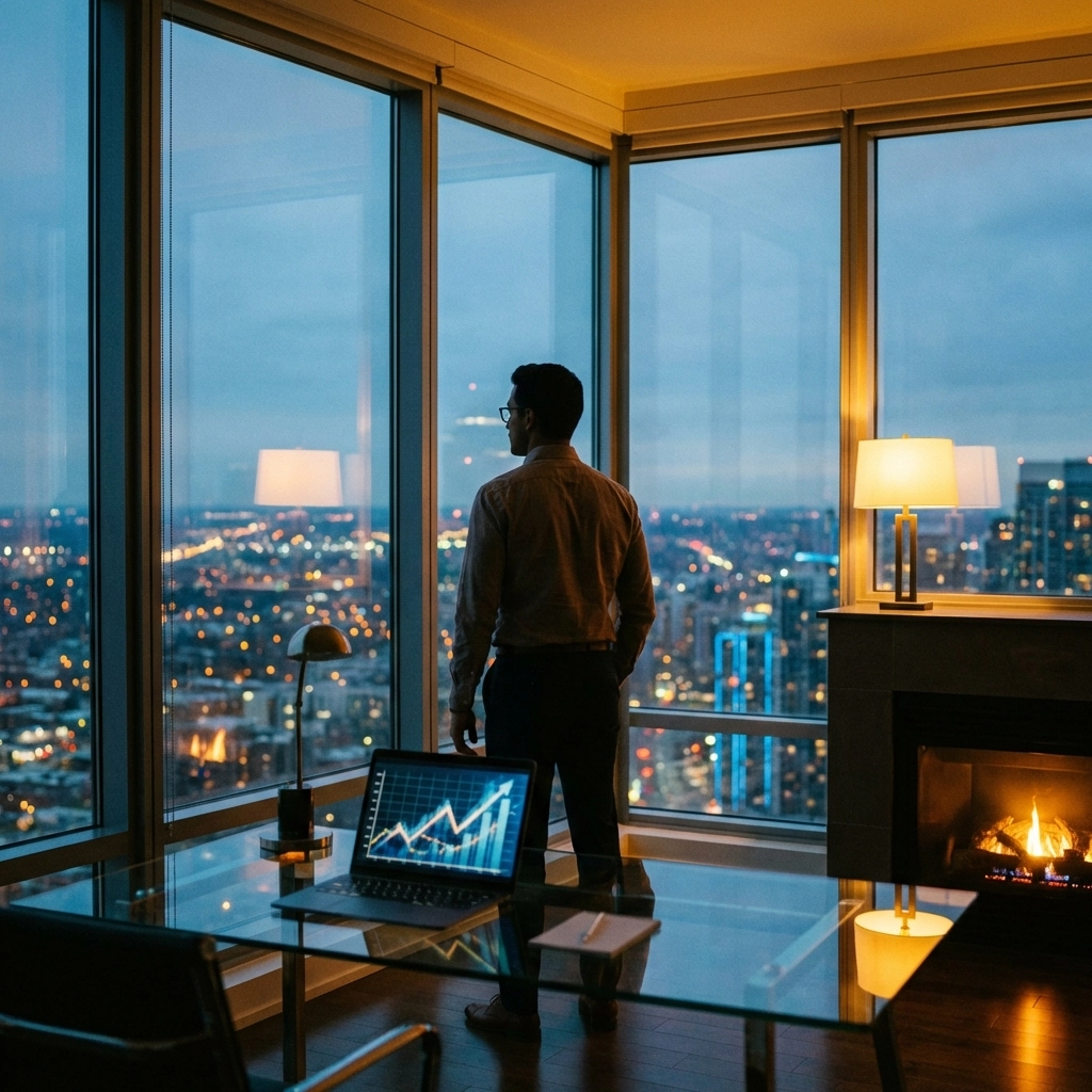 Investor overlooking city skyline at dusk, reflecting on long-term strategy and alternative investment opportunities.