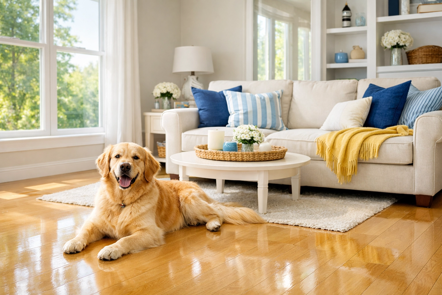 Pet-safe house cleaning in a Massachusetts living room featuring eco-friendly cleaning products results.