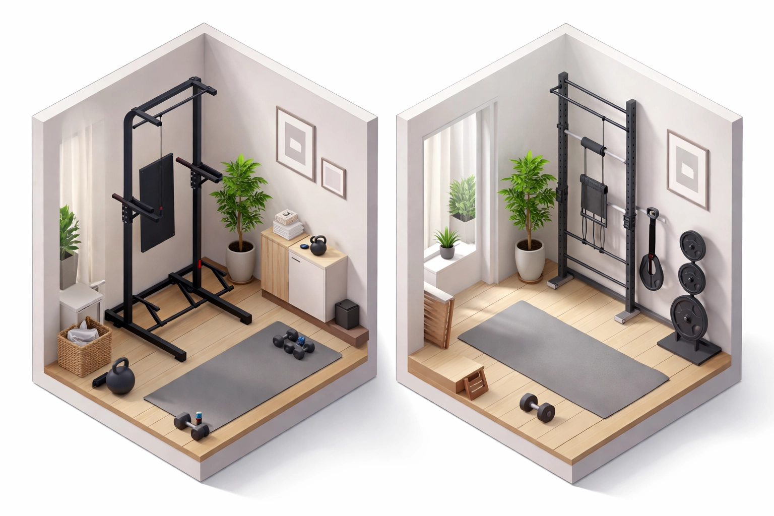 Space comparison between bulky free-standing pull-up station and compact floor-to-ceiling gym