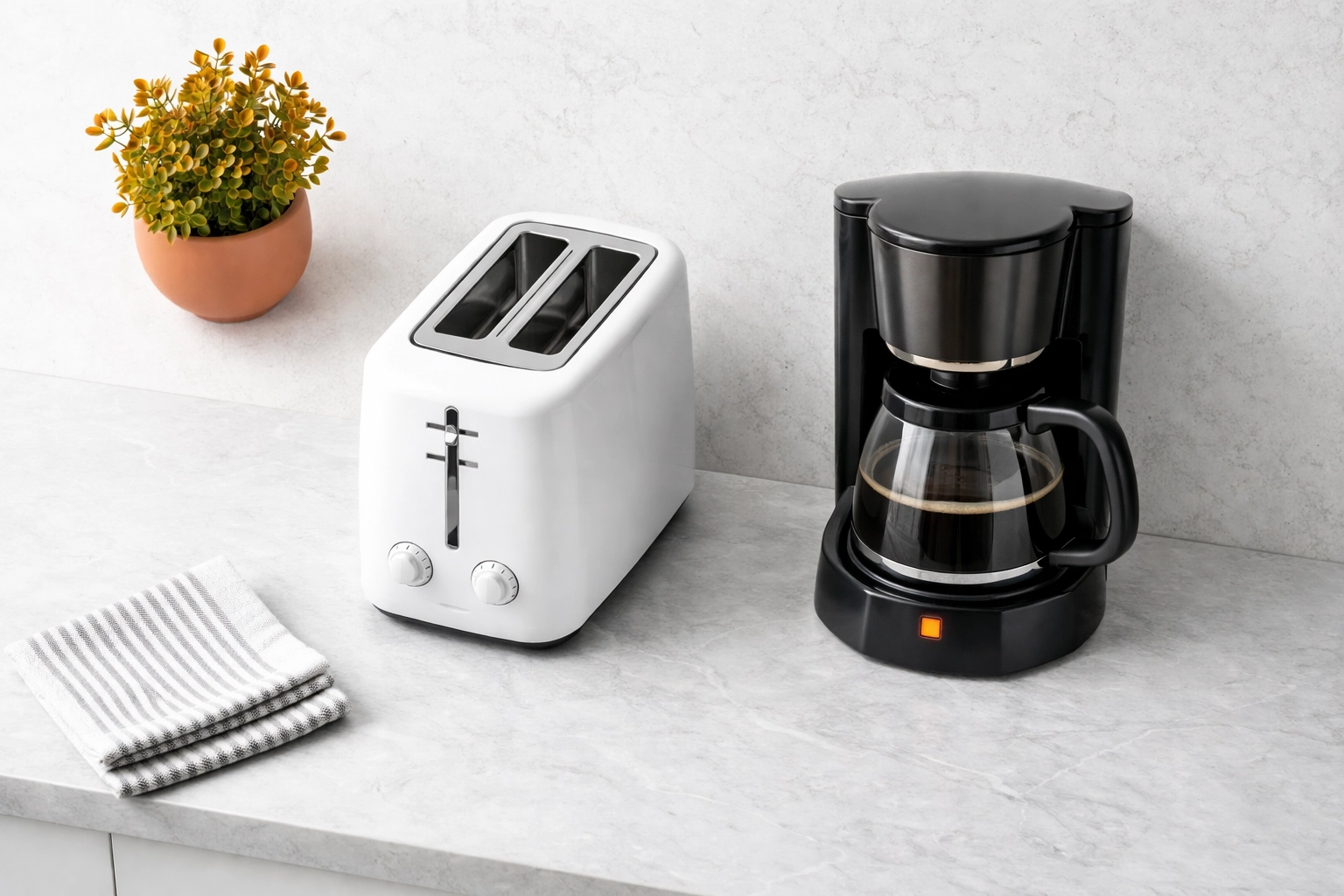 Office break room countertop displaying safe appliance use for business fire prevention.