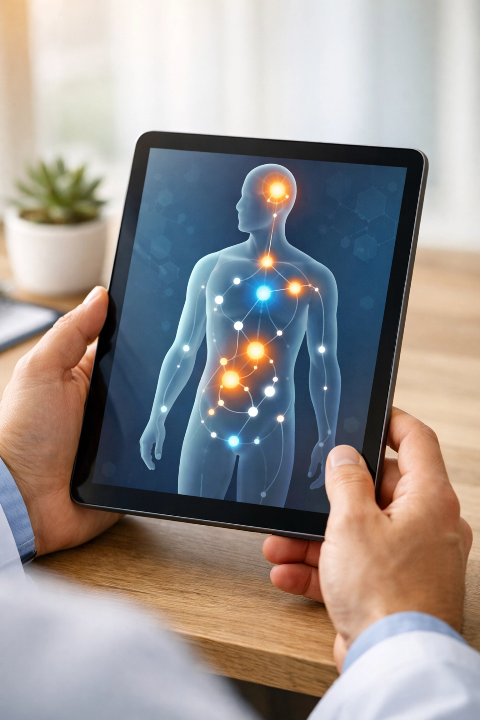 A medical provider holding a tablet showing a human metabolic illustration for weight loss treatment.